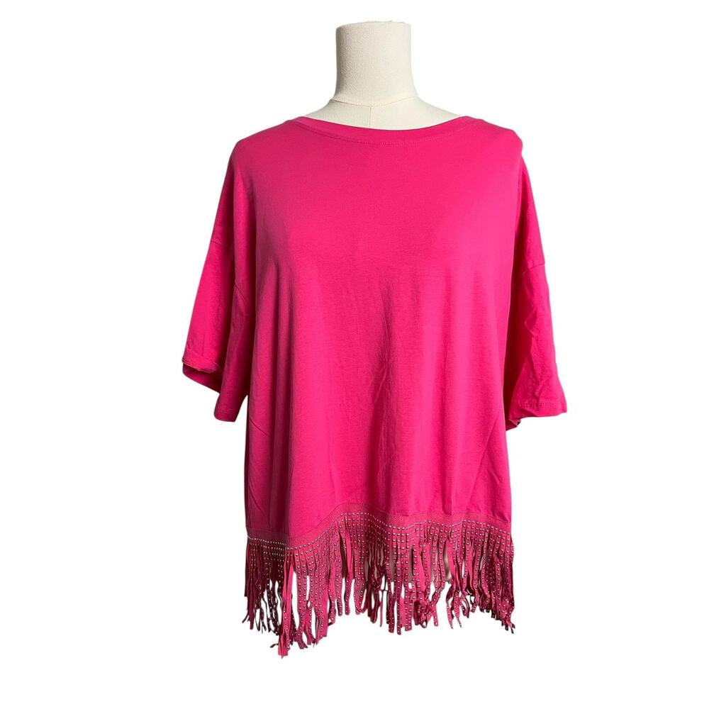 Grace & Emma Oversized Tunic Shirt Womens Plus Pink Fringe Studded Cotton Top